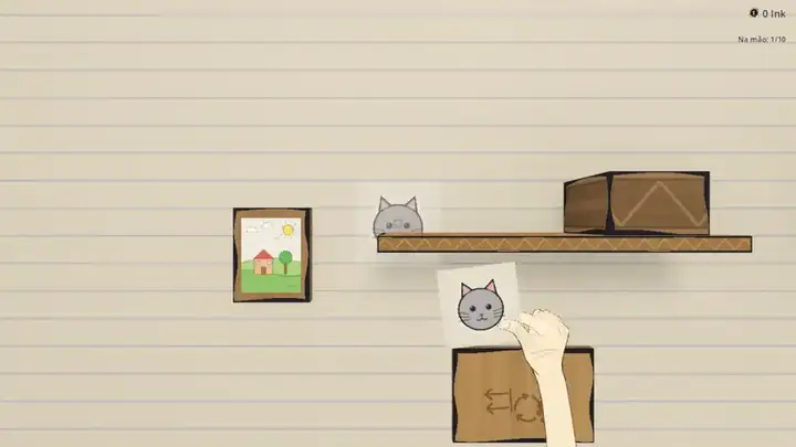 Animação: a mão pega um adesivo de gato e um de foguete e cola na parede do quarto