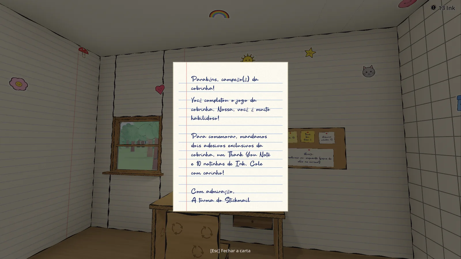 Uma carta de papel pautado escrita à mão sobre o quarto do jogo