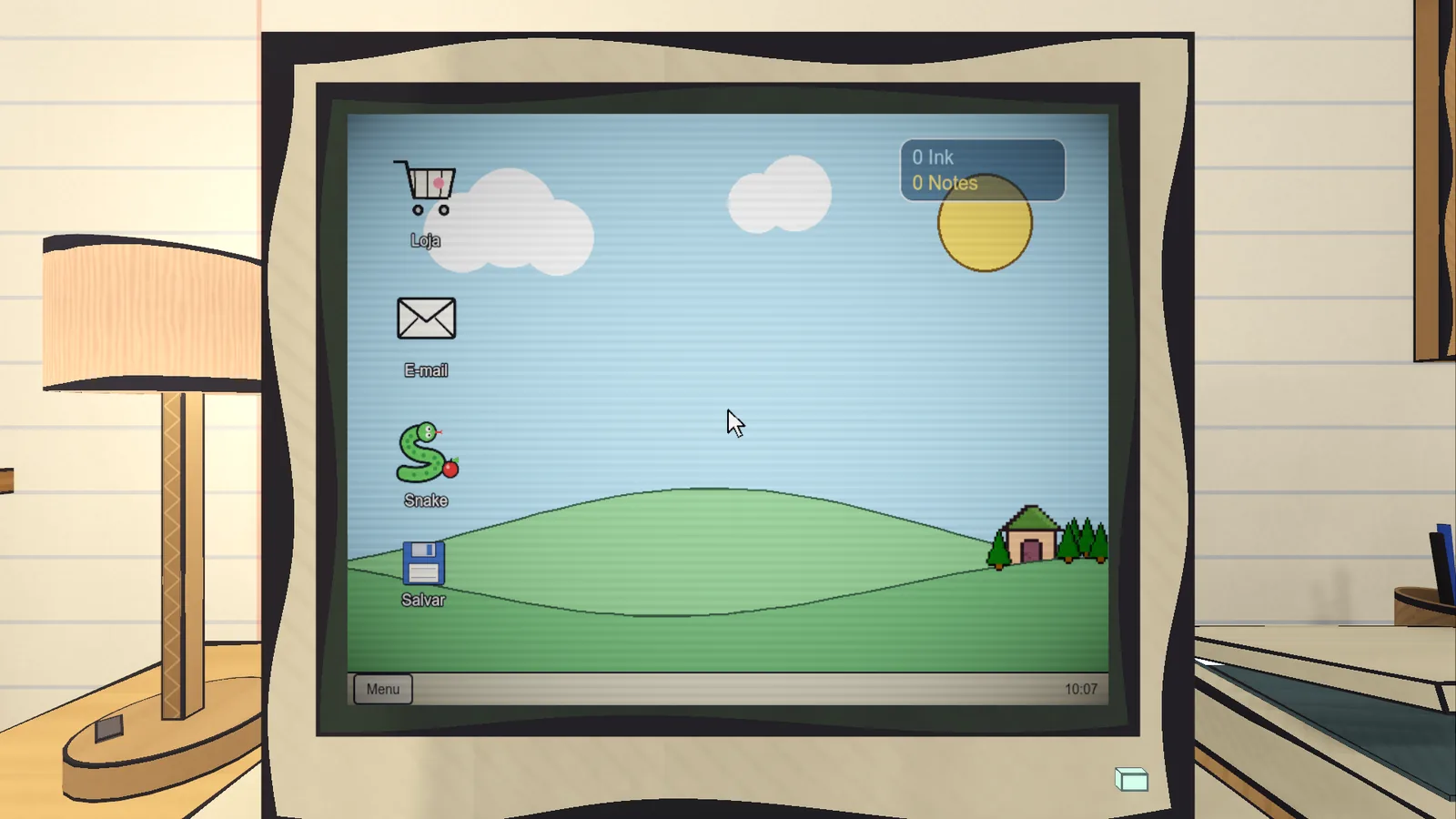 A tela do computador antigo do jogo, com ícones de Loja, E-mail, Snake e Salvar